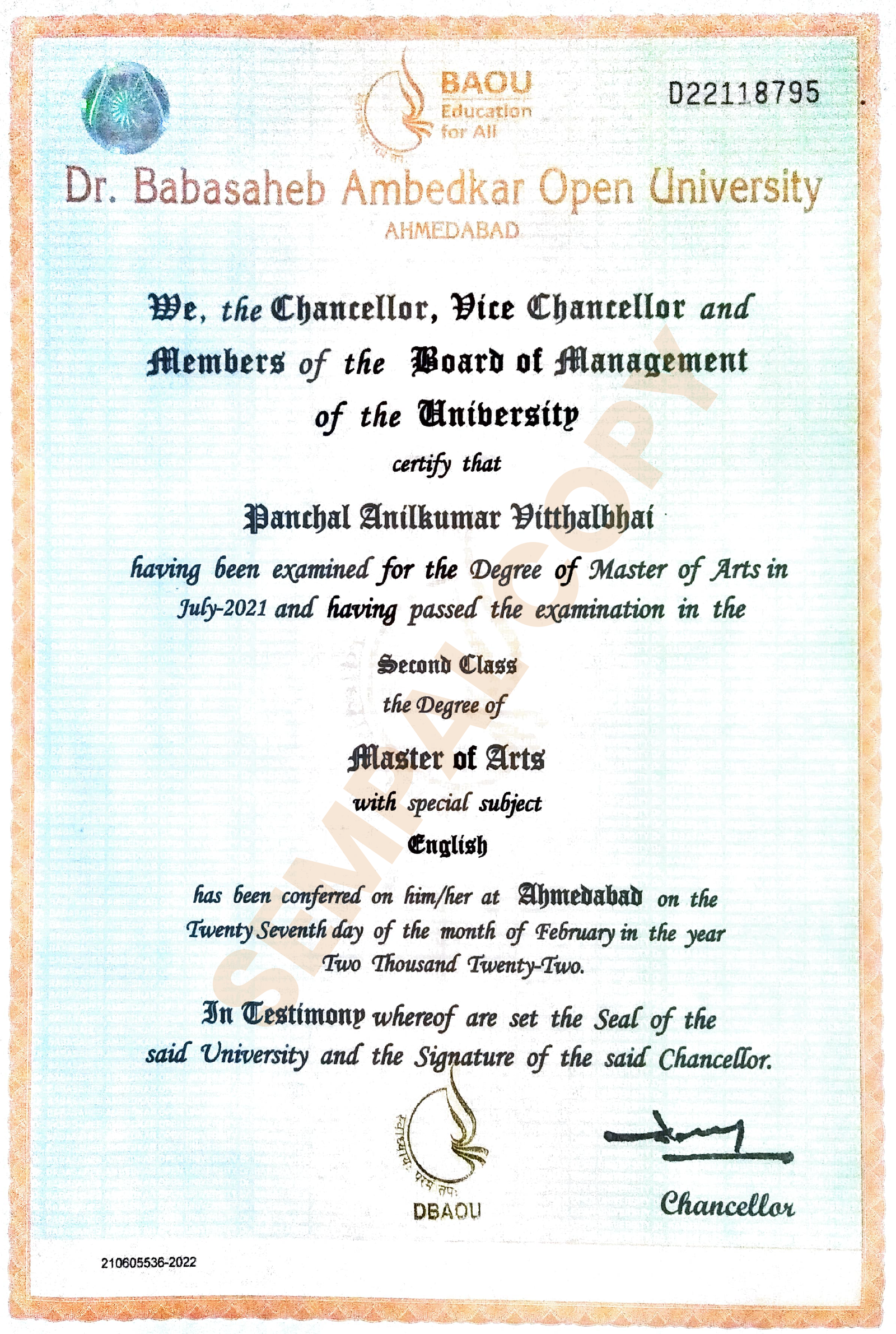 Sample BAOU degree certificate